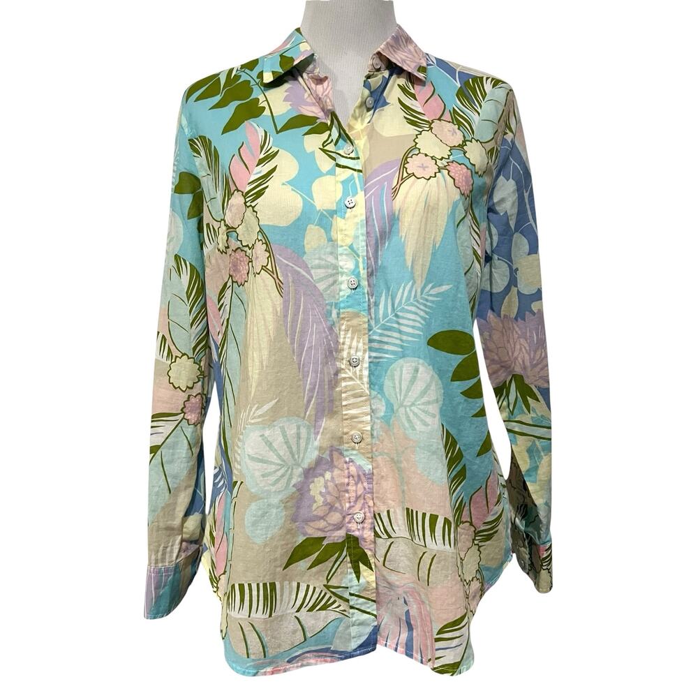 Talbots Button Up Shirt Sz M Cotton Pastel Tropical Print Lightweight Cotton